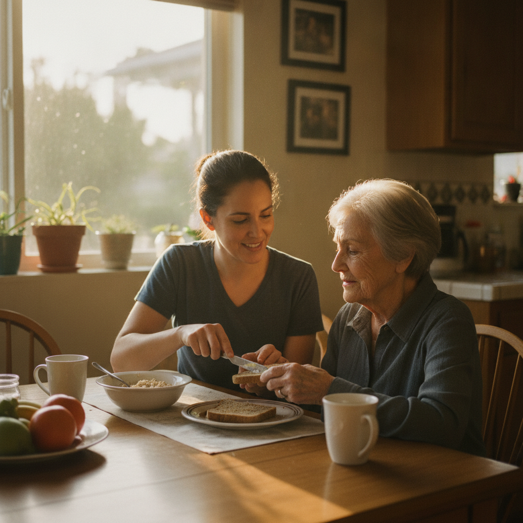 In-home senior caregiver assisting an elderly client in West LA, Los Angeles